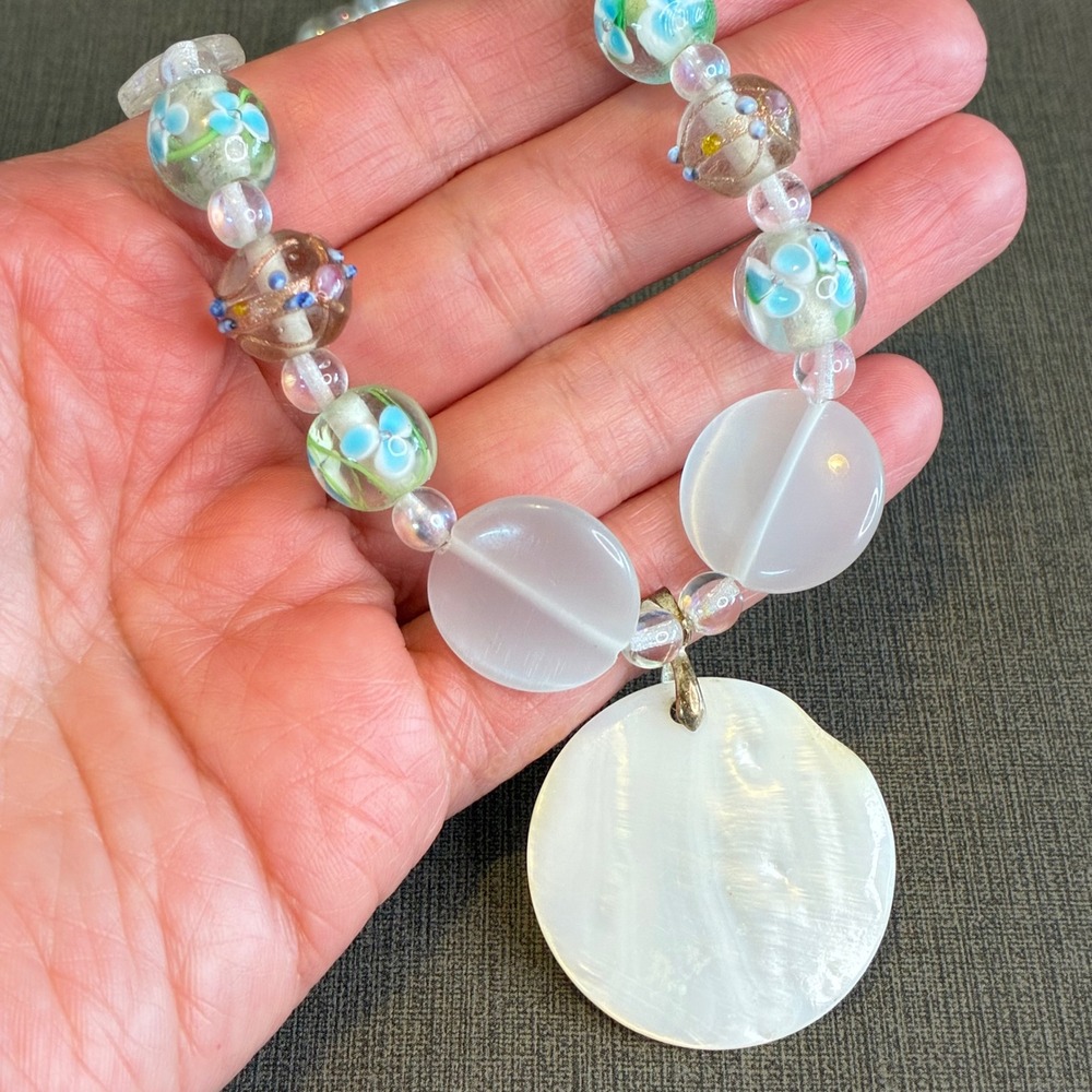 Vintage Mother Of Pearl Shell Necklace Celestial Glass Lampwork Beaded White